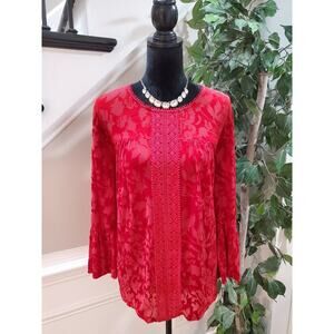 John Paul Richard Women's Red Mosaic Floral Trim Pleated Tunic Top Blouse Large